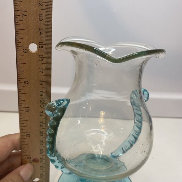 Vintage Hand blown Aqua Blue Glass Pedestal Vase With Applied Waves Handles - Picture 8 of 8